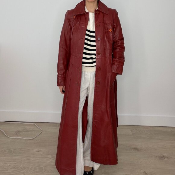 deep red leather trench coat S - Picture 2 of 11